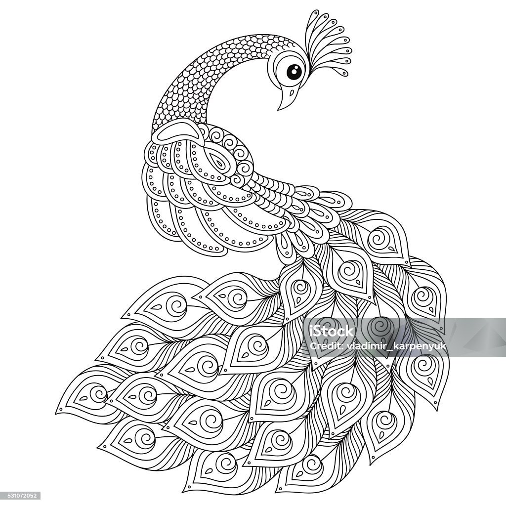 Peacock adult antistress coloring page stock illustration