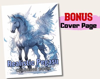 Realistic pegasus grayscale coloring book stunning artwork for adults and kids detailed pegasus illustrations instant download pdf download now