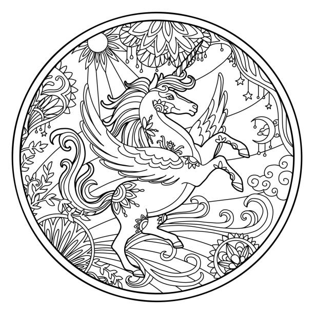 Drawing of pegasus flying horse stock illustrations royalty