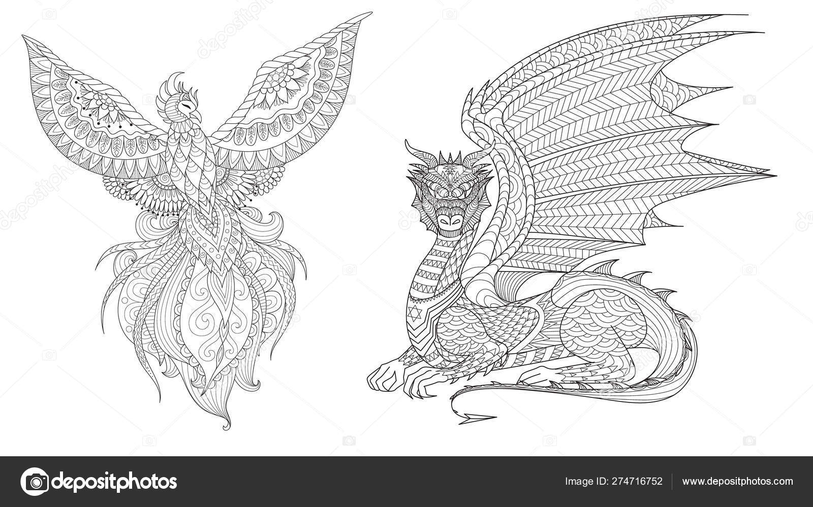 Set phoenix dragon design element coloring page adult vector illustration stock vector by somjaicindygmail