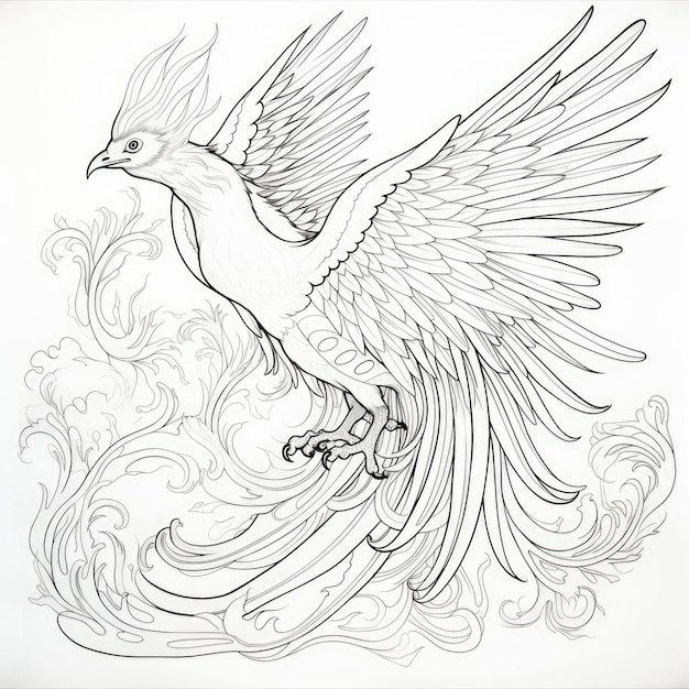 Premium ai image black and white coloring picture of a magic phoenix bird