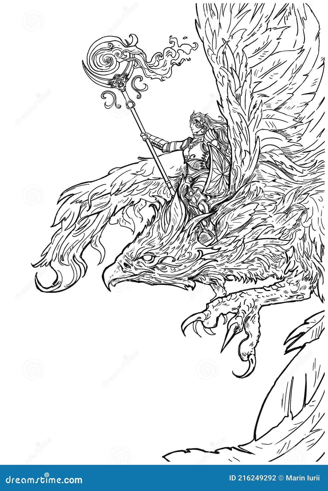 Coloring book for adults a female magician in plate armor with a magic staff casts a spell and flies astride a beautiful phoenix stock vector