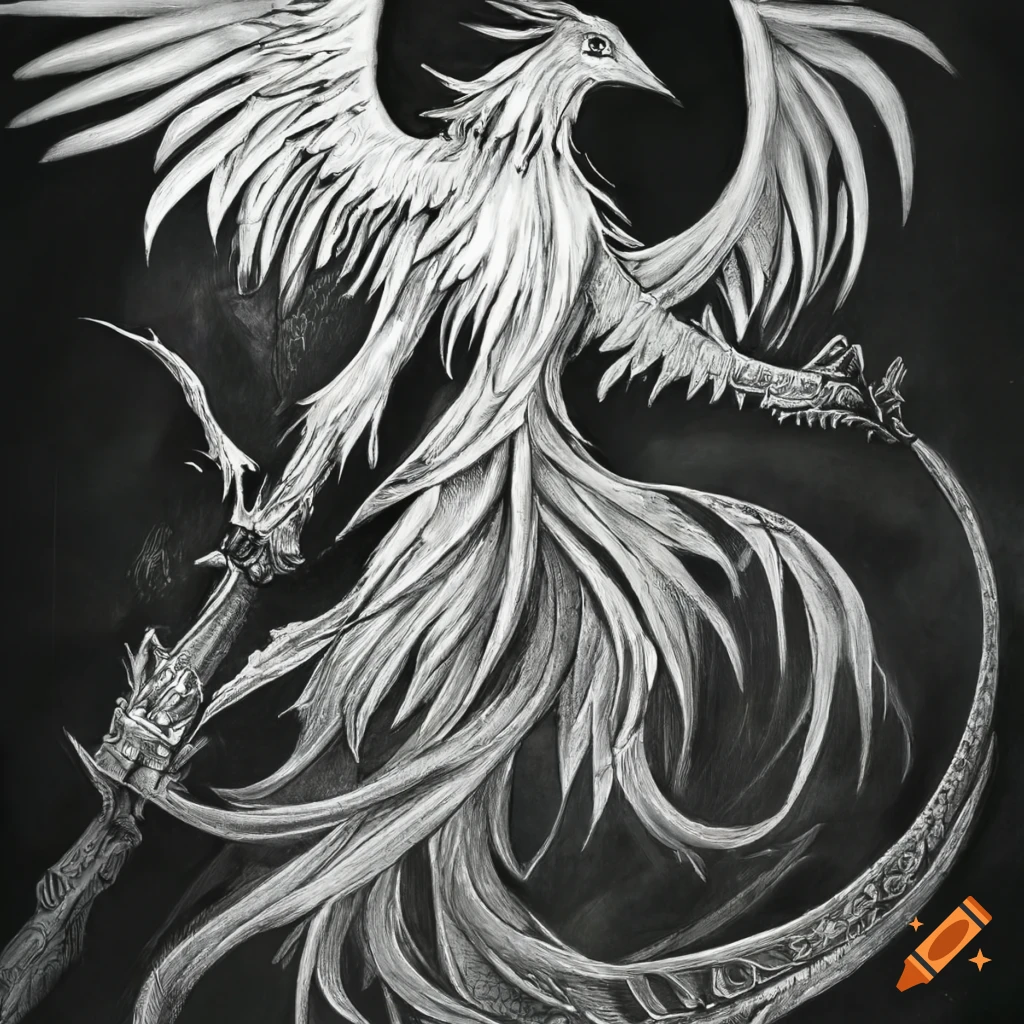 Imagine prompt a printable black and white coloring page high resolution mythical creatures featuring a graceful phoenix with elegant feathers and a radiant aura the phoenix is depicted soaring through the