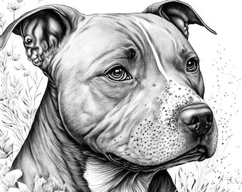 Pit bull terrier adult coloring sheet ai generated coloring page of a staffordshire terrier with flowers instant download