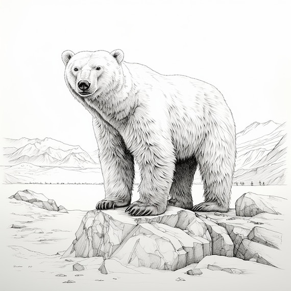 Polar bear fine line illustation arctic animal portrait realistic coloring page or clip art instant download