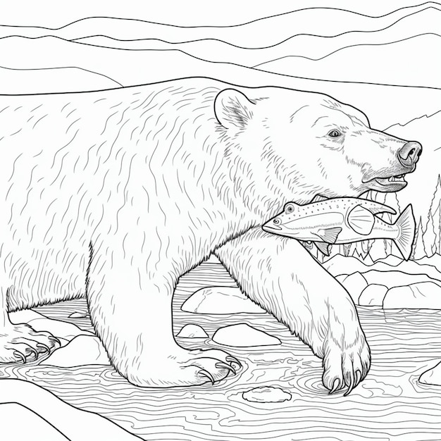 Premium ai image coloring pages of a polar bear walking across a river generative ai