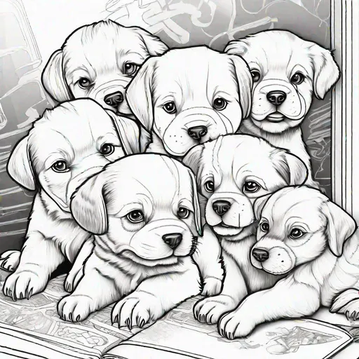 Colouring book page naughty puppies comic book styl