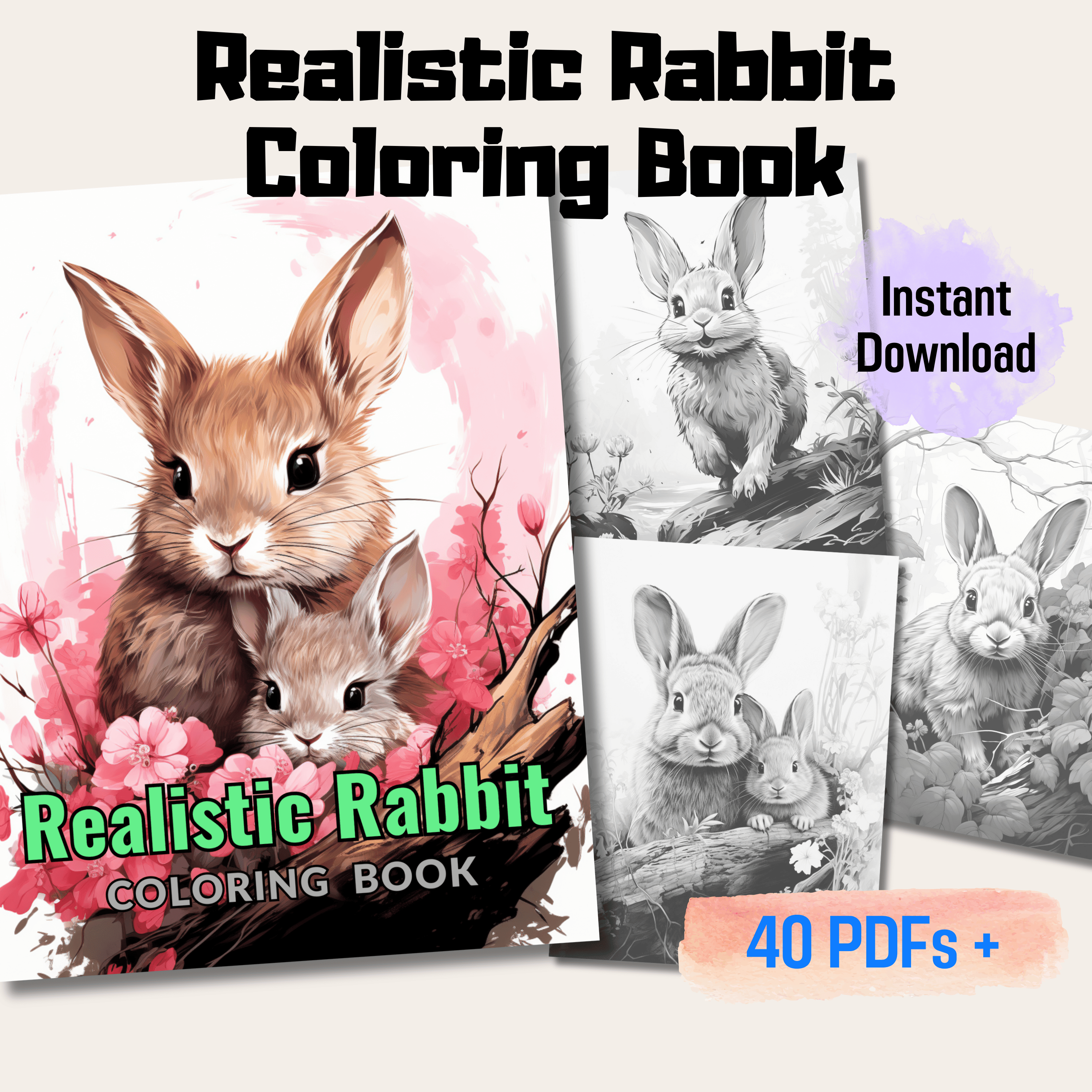 Pages realistic rabbit grayscale coloring book instant download p â funny print for you