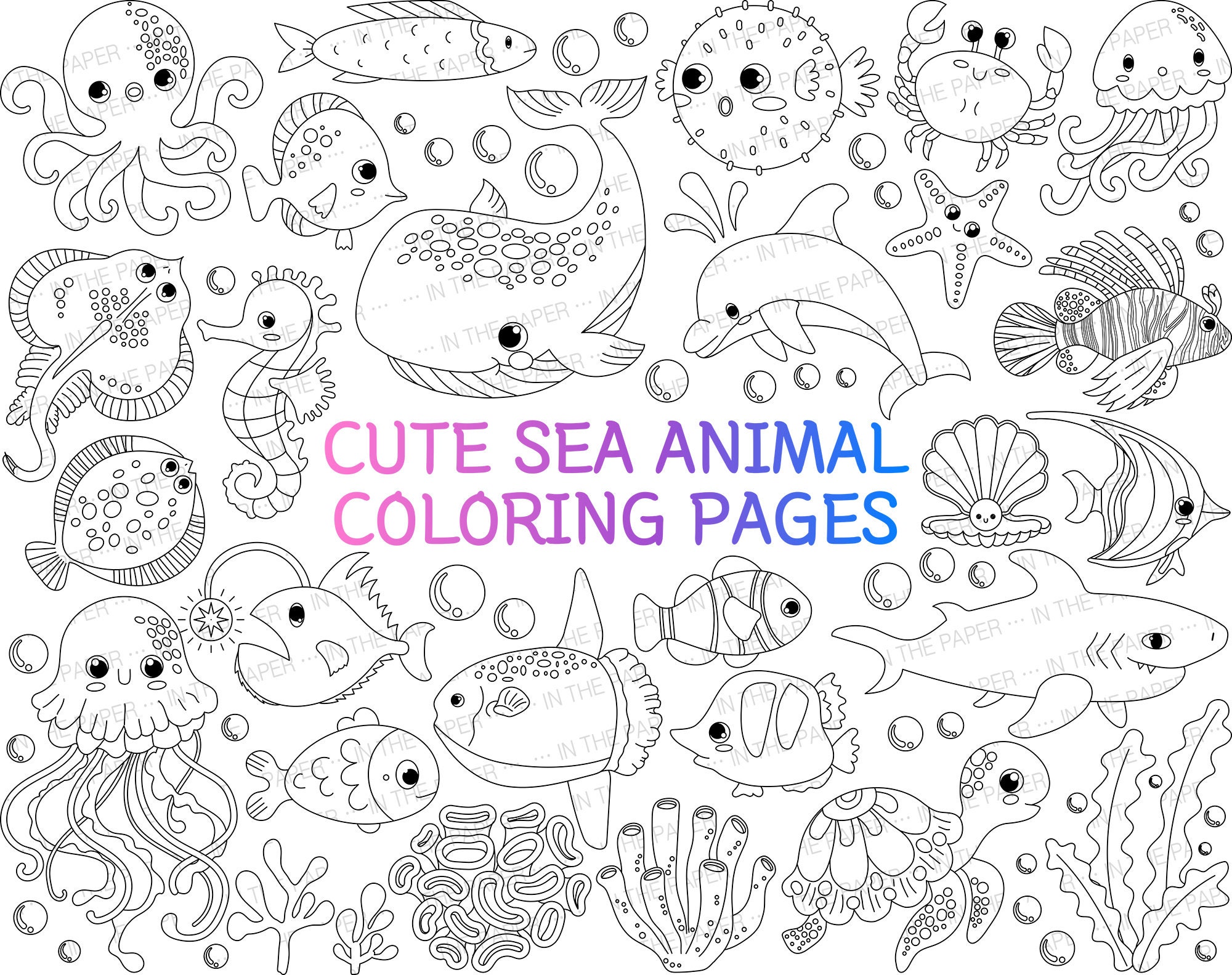 Cute sea animal coloring pages for kid svg png fish whale seahorse pearl clam starfish crab flounder monkfish stingray seaweed