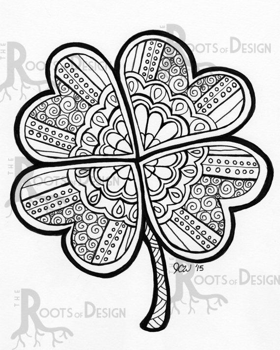 Instant download coloring page four leaf clover shamrock print zentangle inspired doodle t printable