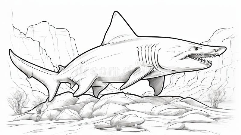 Realistic shark coloring page with desert background stock illustration