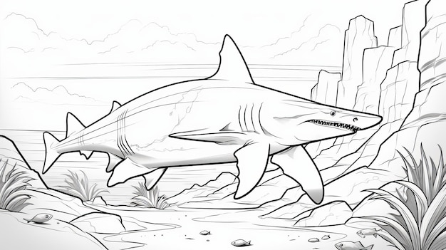 Premium ai image realistic shark coloring page with desert background