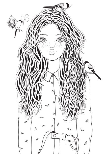 Cute girl in a shirt the birds are flying coloring book page for adult black and white doodle style stock illustration