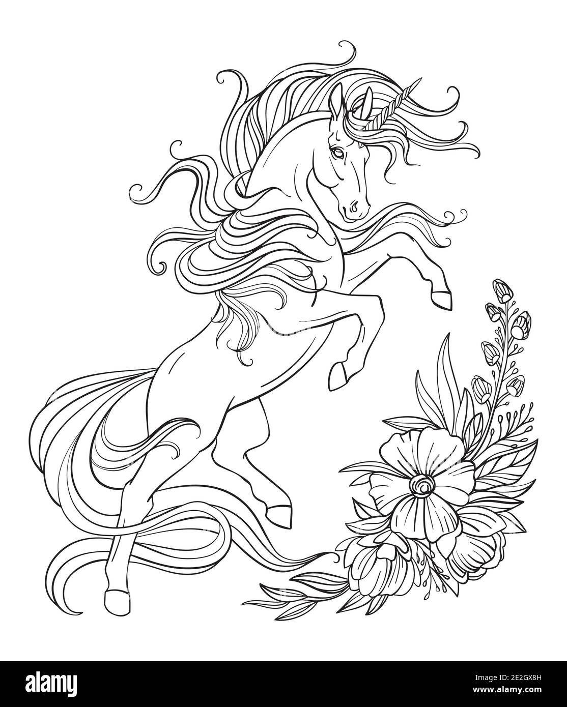 Drawing isolated reared unicorn with long mane and flowers tangle style for adult coloring book tattoo t