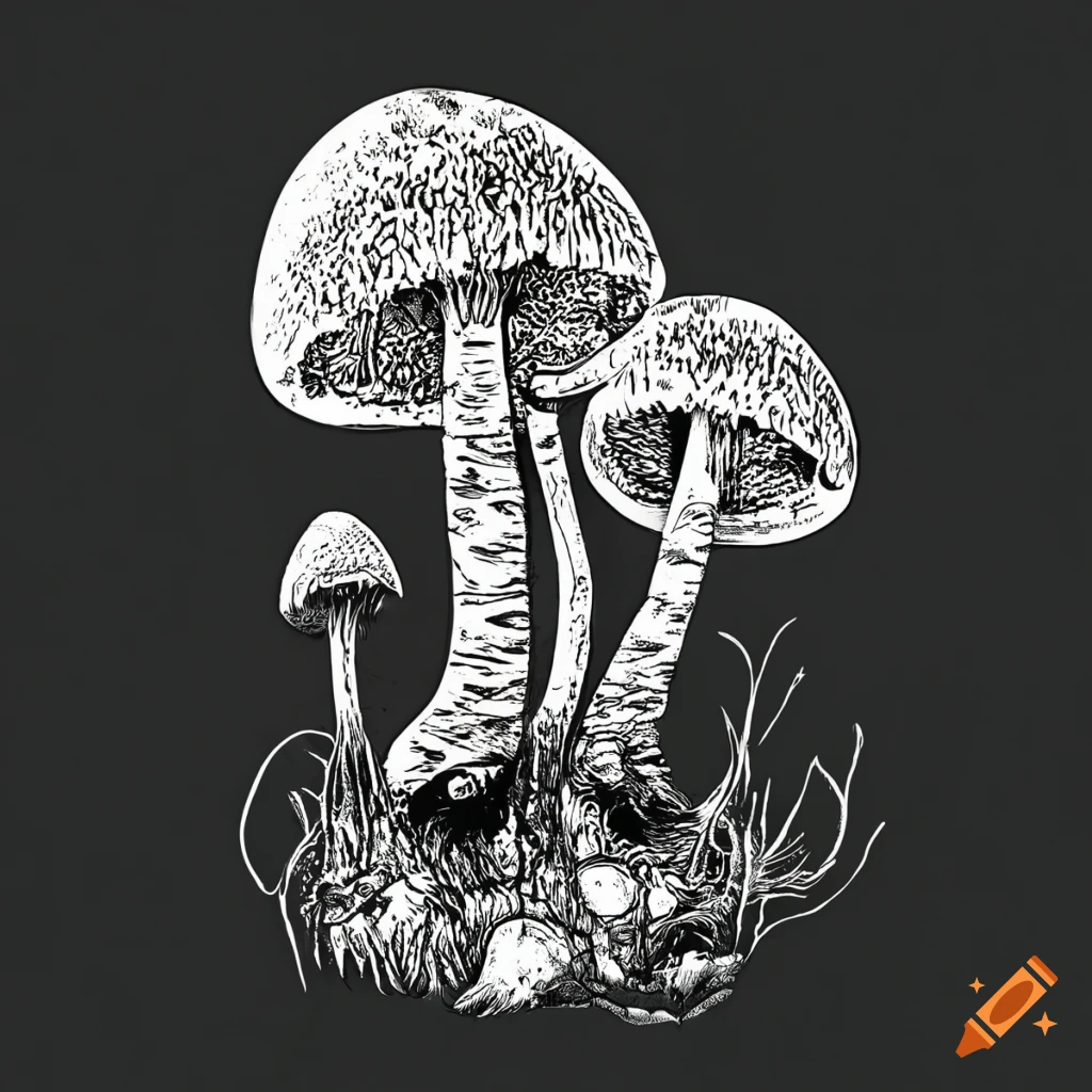 Black and white line drawing coloring page of mushroom realistic detailed on