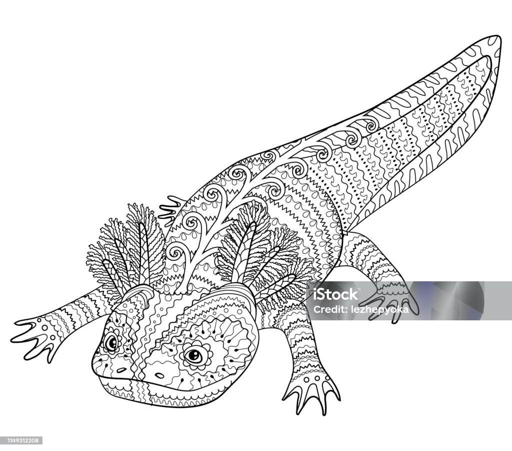 Coloring page with axolotl in patterned style stock illustration