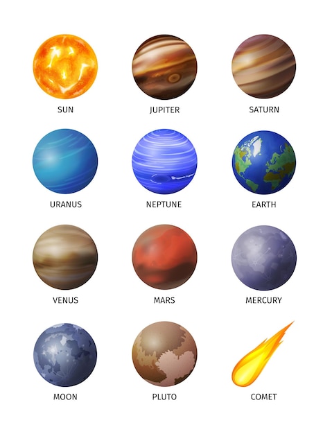 Free vector realistic space planet isolated icon set with the twelve planets of our solar system illustration