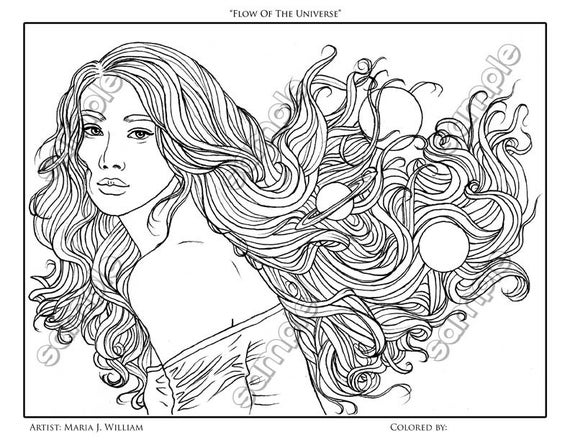 Space woman surreal portrait coloring page by maria j william instant pdf download