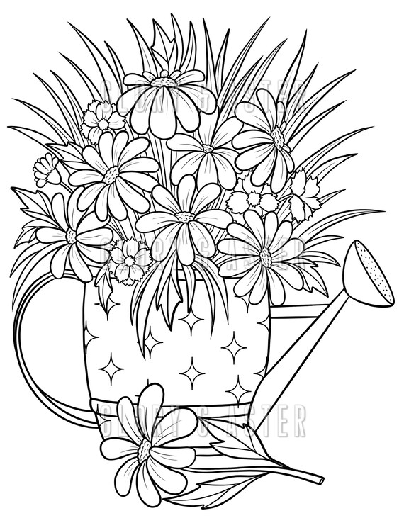 Spring bouquet coloring page printable adult coloring page instant download pdf daisy vase floral flowers realistic pretty