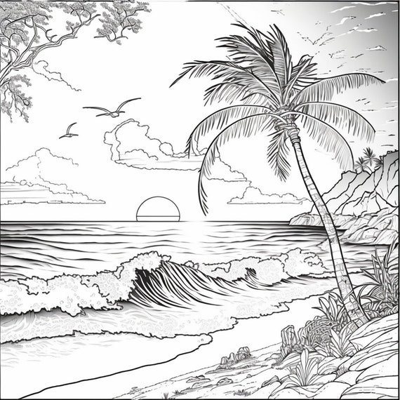 Beach scene coloring pages bundle png digital download pages beach sunset sailboat black and white coloring pages