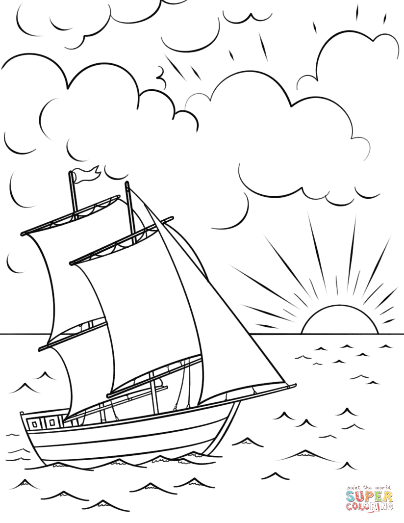 Sailing ship at sunset coloring page free printable coloring pages