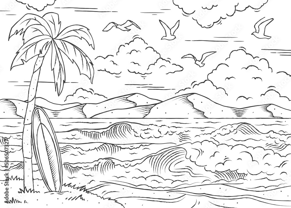 Design for coloring book beautiful seascape with palm tree surfboard waves shore and mountains antistress or entertainment for children and adult cartoon flat vector illustration in linear style vector