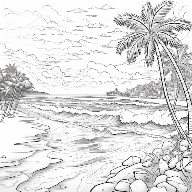 Premium ai image a drawing of a beach scene with palm trees and rocks generative ai