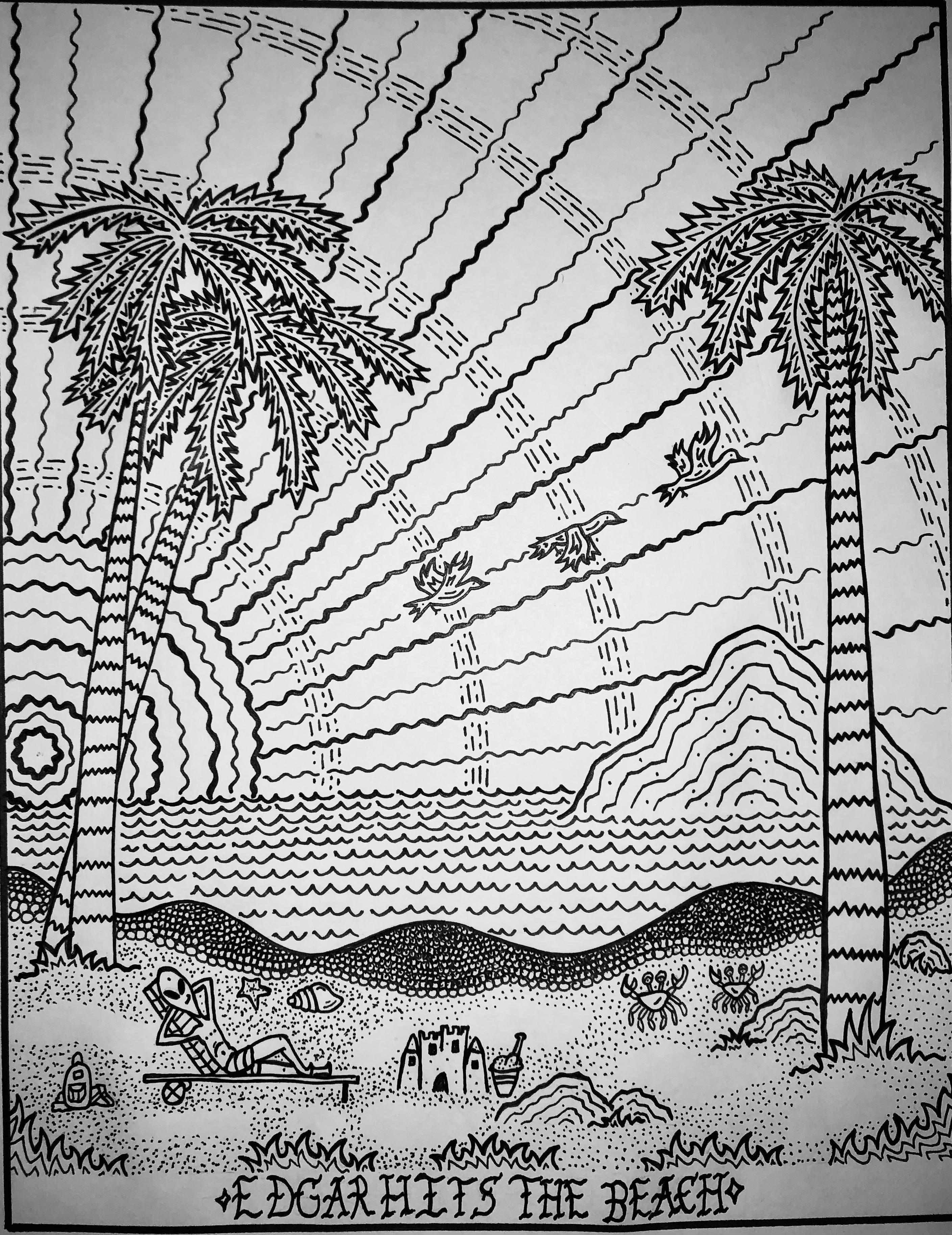 Edgar hits the beachâ by me hghervbe pen ink rdrawing