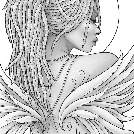 Printable coloring page fantasy character dreadlocks black girl portrait