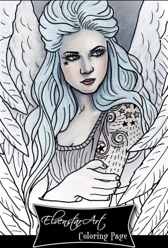 Coloring page printable angel tattoos gothic fantasy art instant digital download adult coloring hobby