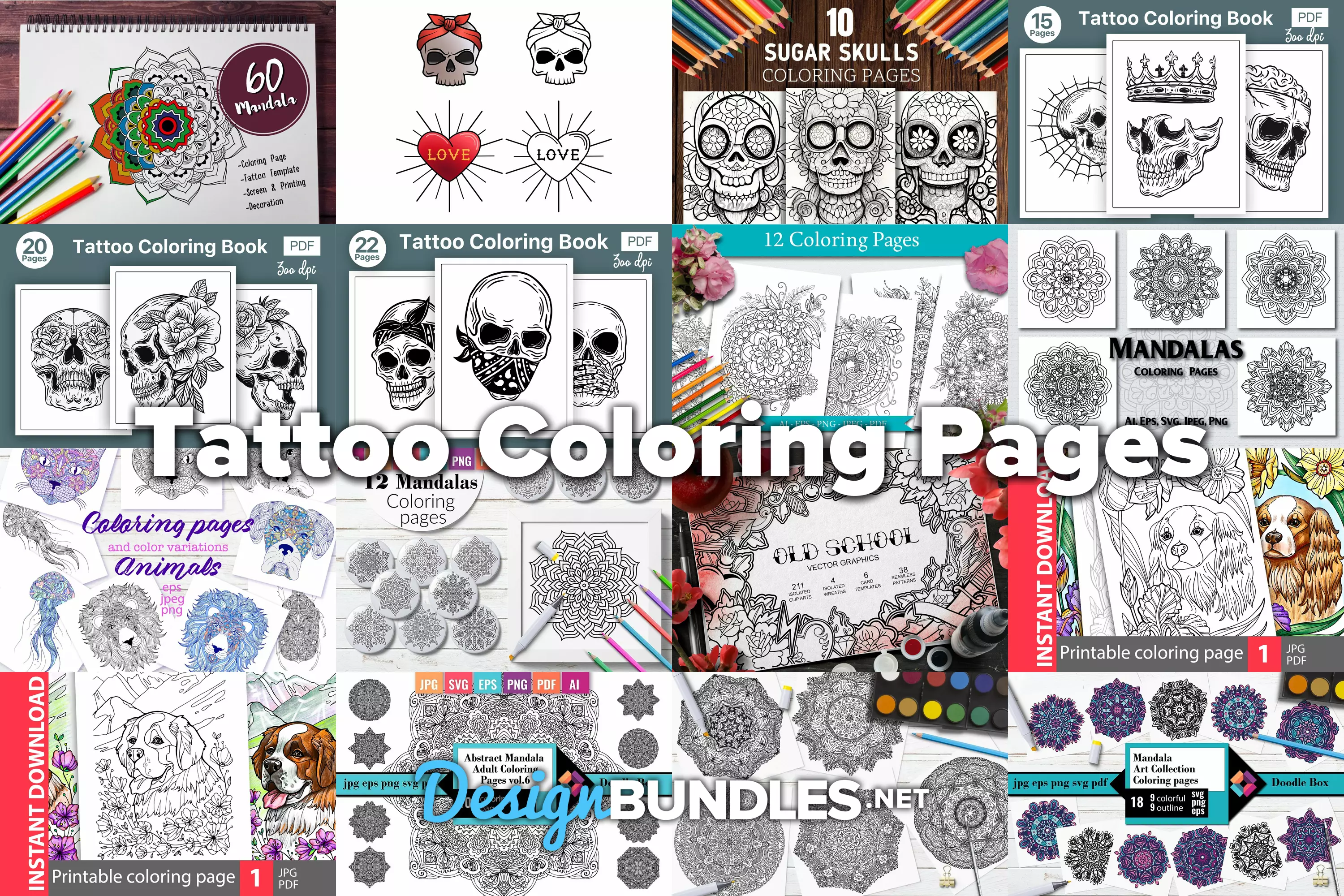 Tattoo coloring pages design bundles