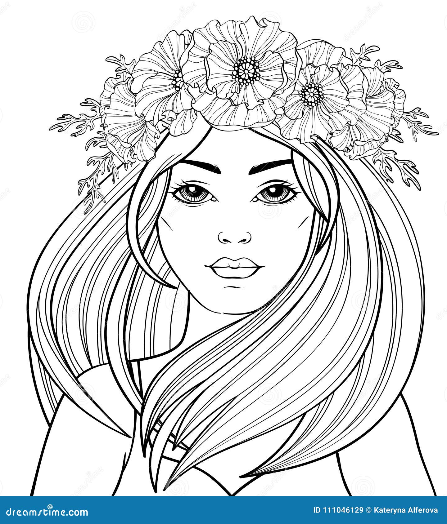 Young beautiful girl with long hair in poppy wreath tattoo or adult antistress coloring page stock vector