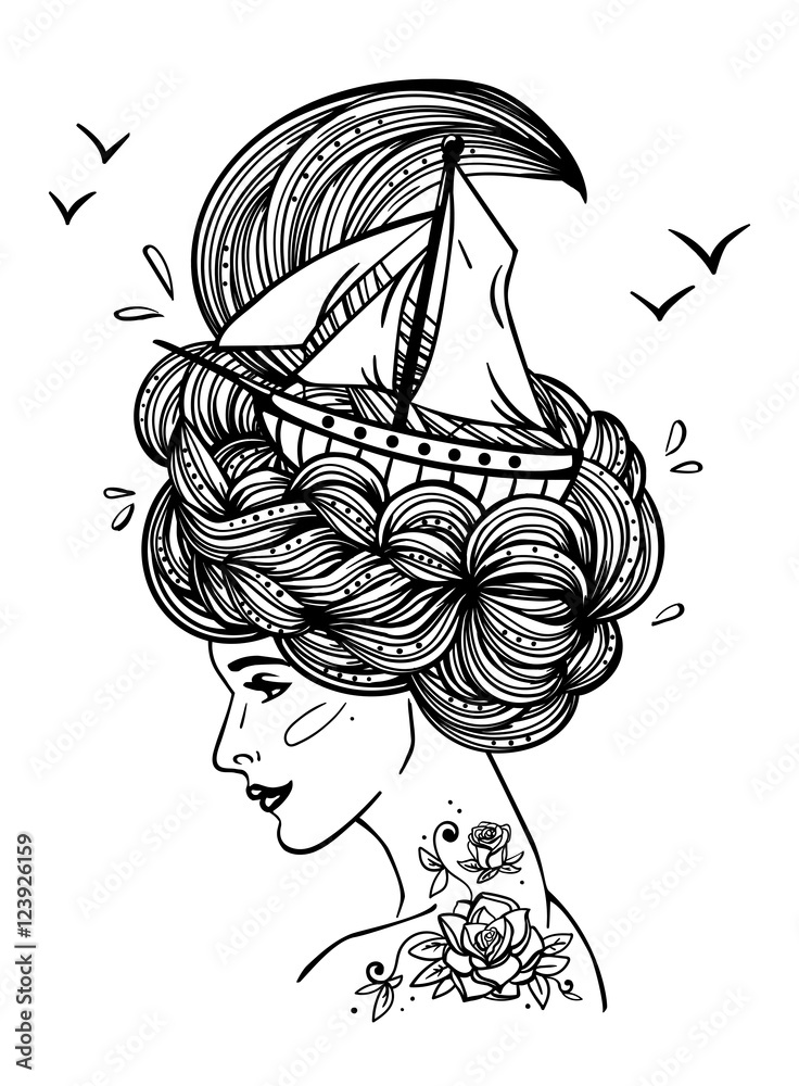 Page with print for adult coloring book hand drawn portrait of a dreaming young beautiful woman