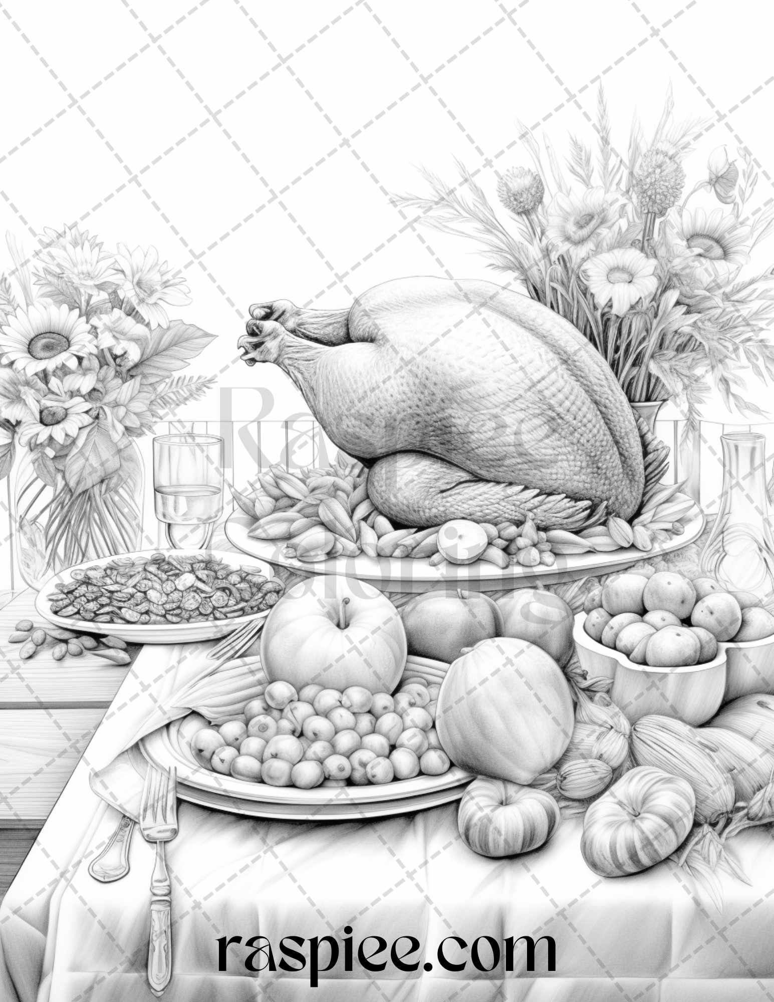 Thanksgiving dinner grayscale coloring pages for adults relaxing fall â coloring