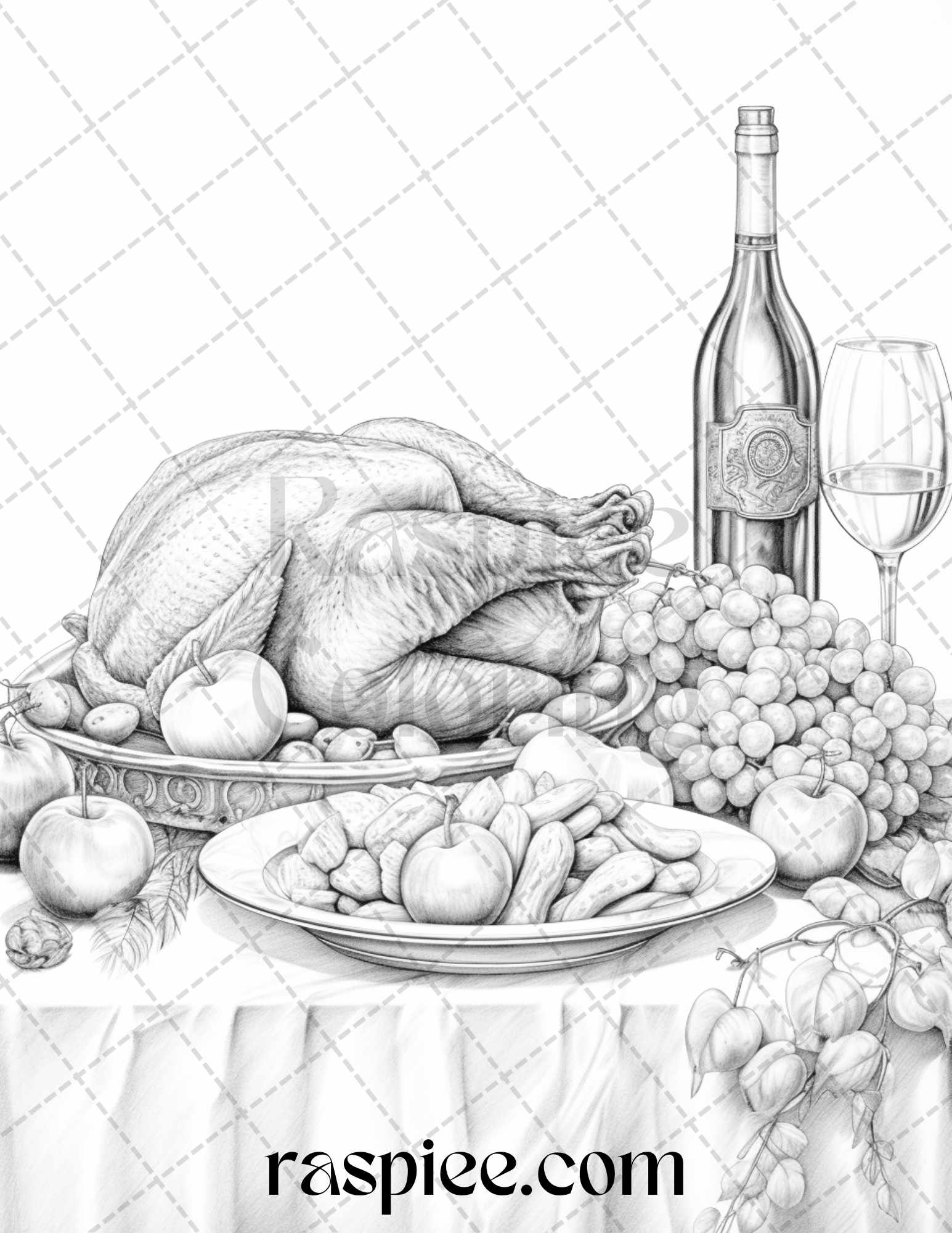 Thanksgiving dinner grayscale coloring pages for adults relaxing fall â coloring