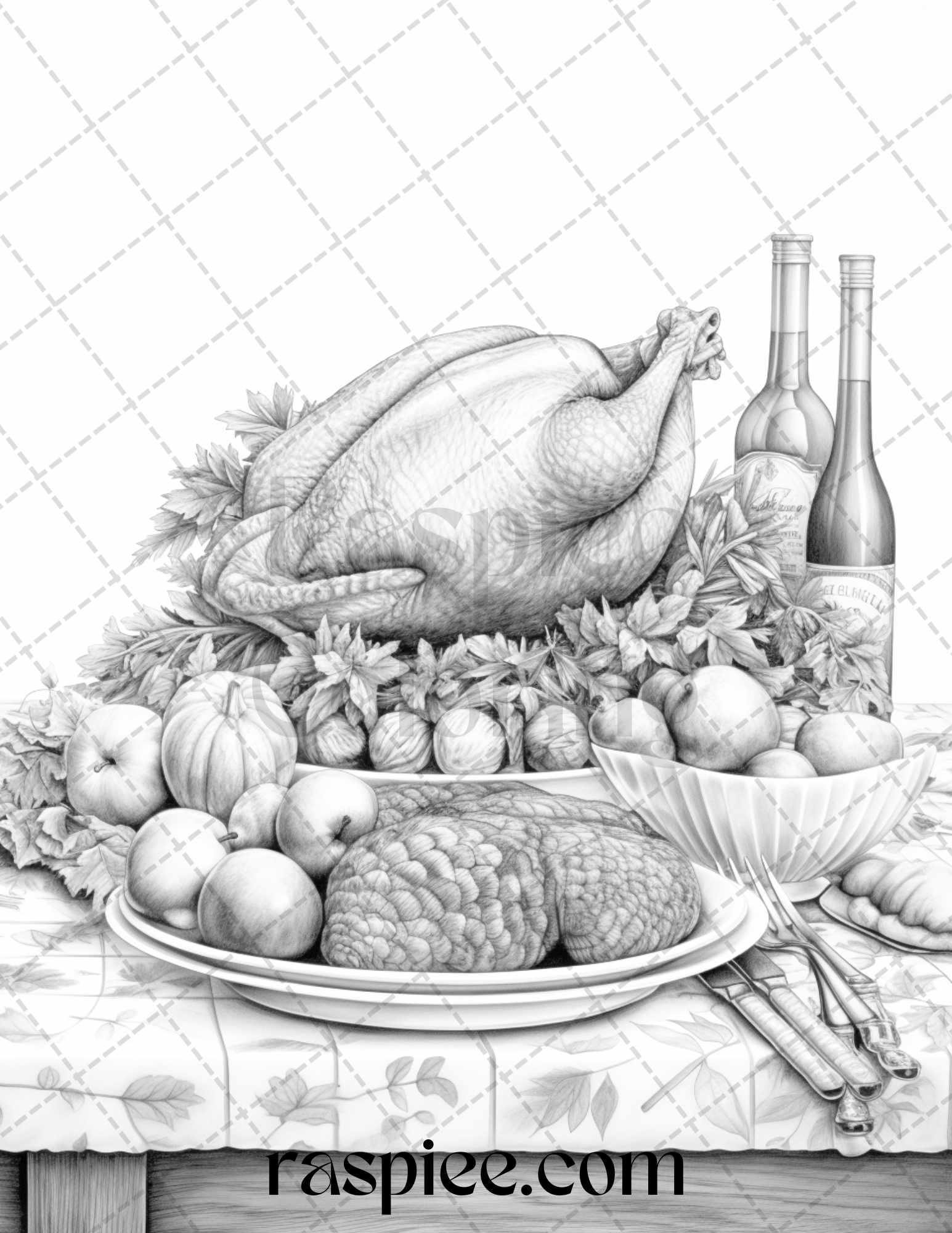 Thanksgiving dinner grayscale coloring pages for adults relaxing fall â coloring