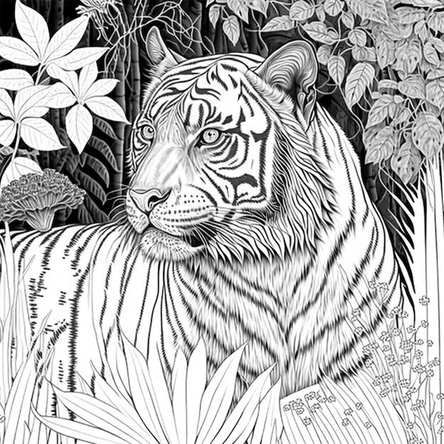 Premium photo tiger coloring page black and white for coloring book