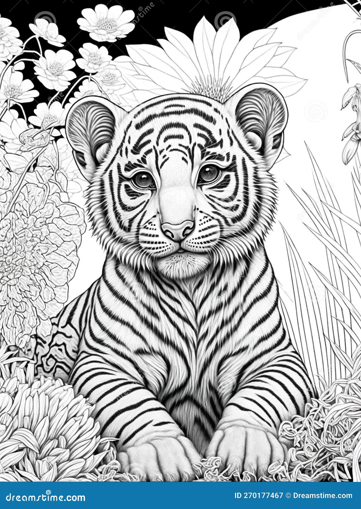Little tiger portrait coloring page flowers background cute baby animal black and white illustration ink drawing stock illustration