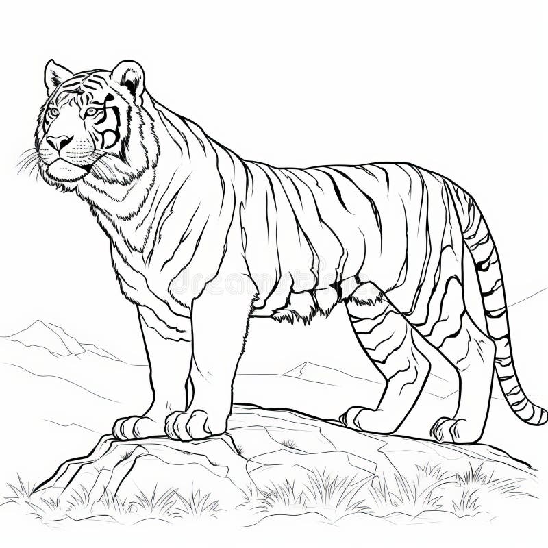 Realistic tiger coloring pages dark violet and amber perspective stock illustration