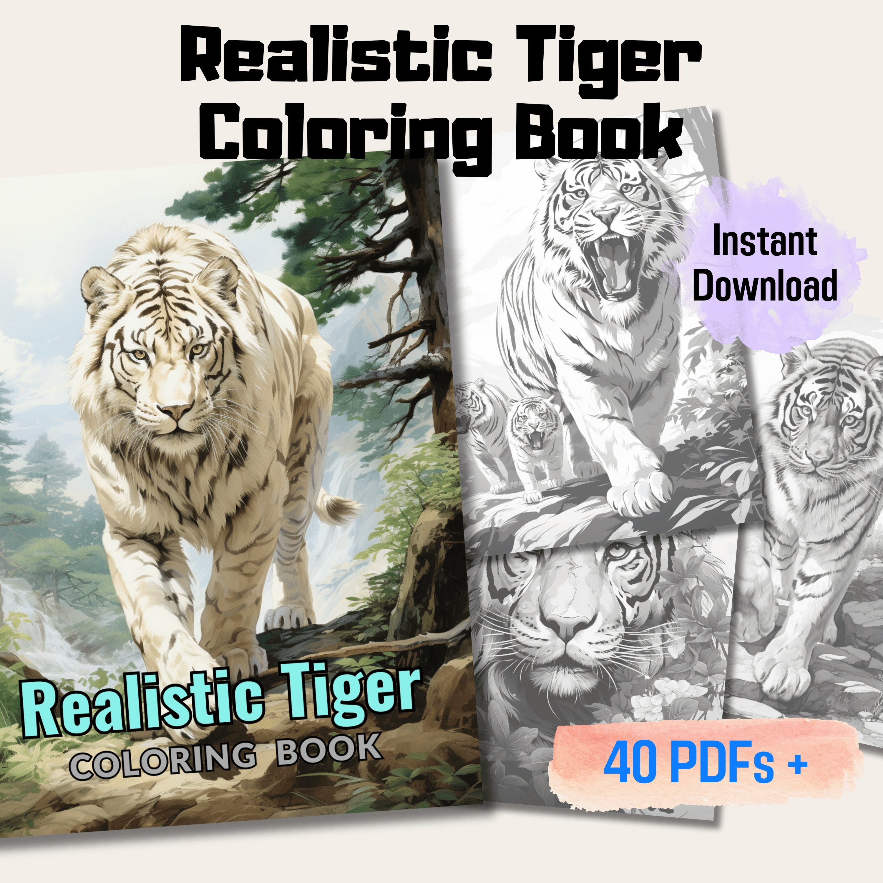 Realistic tiger grayscale coloring book perfect for relaxation and mindfulness instant download pdf stress relief for all ages