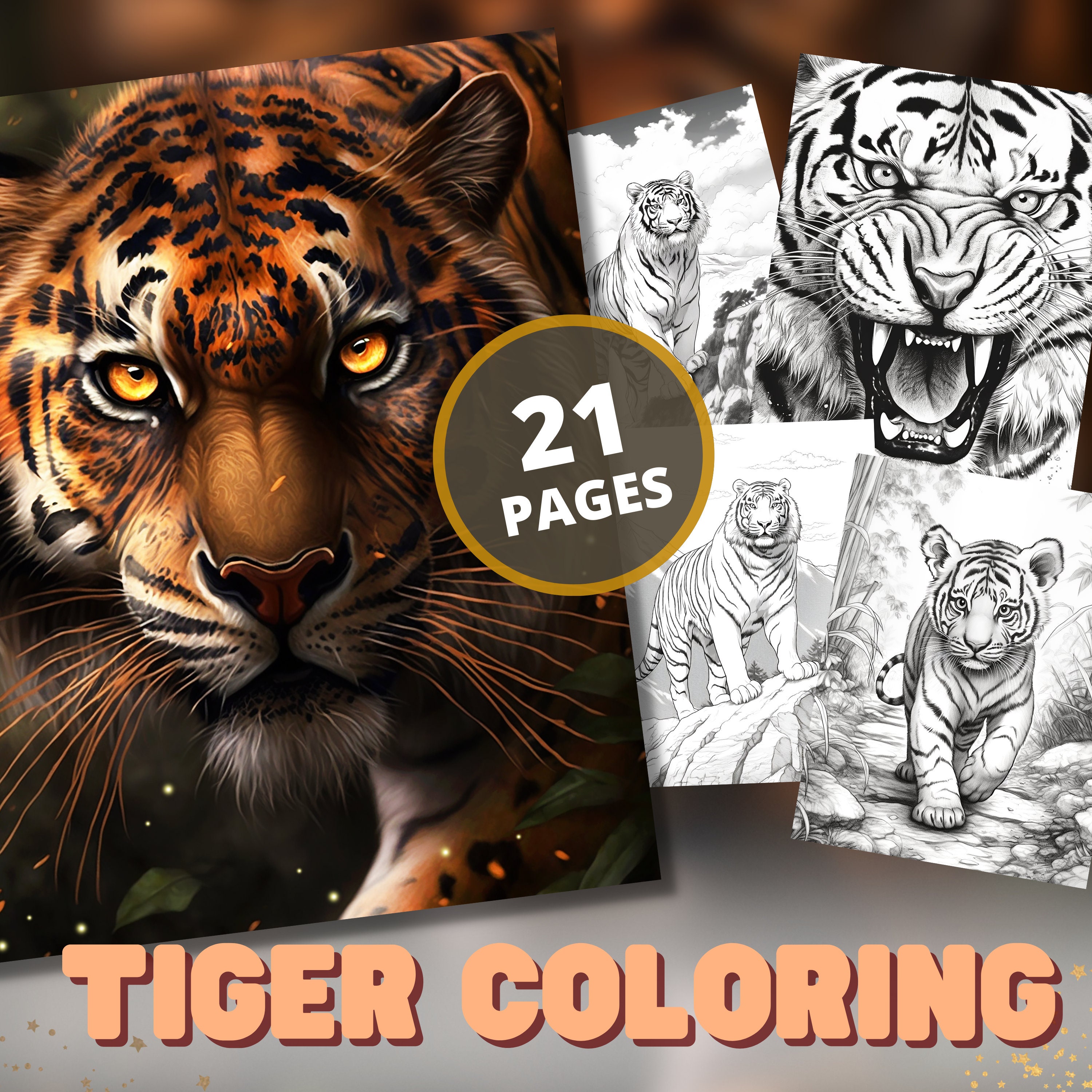 Realistic tigers coloring book adult and kids coloring grayscale instant pdf download for kids boys girls animal lovers