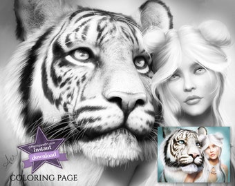 Fantasy woman realistic tiger coloring page grayscale art instant download versions printable pdf endangered species instant download