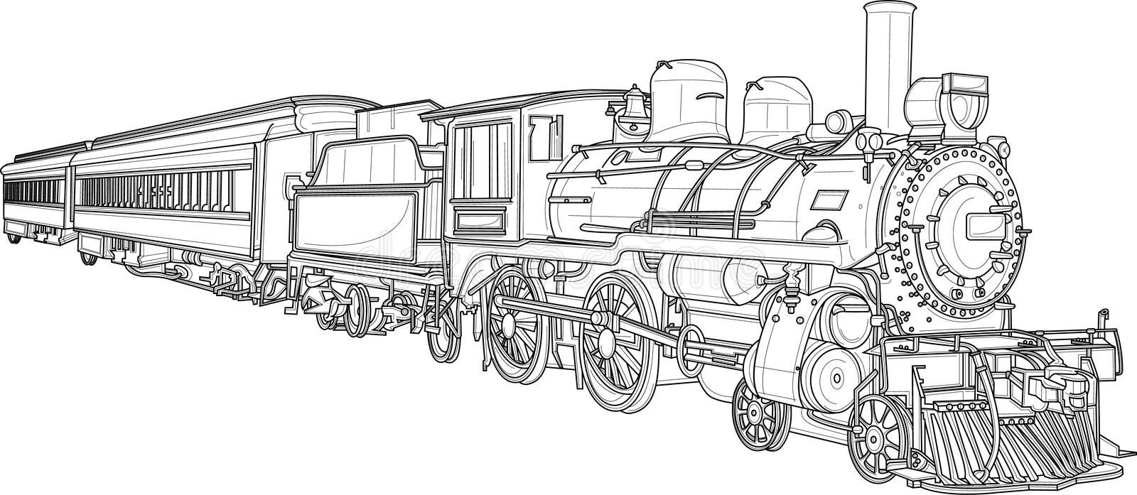 Realistic steam train sketch template cartoon vector illustration in black and white stock vector