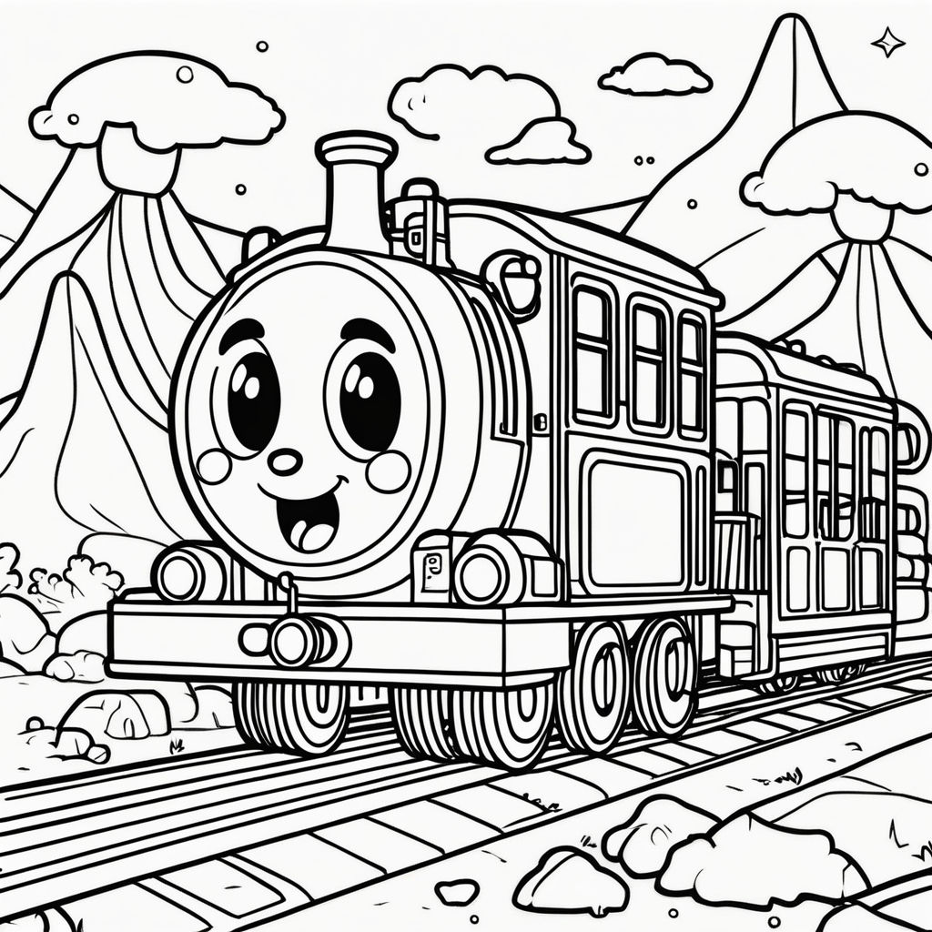 Coloring page of a train in a landscape of mountains and trees