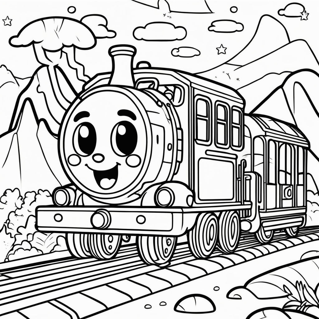 Coloring page of a train in a landscape of mountains and trees