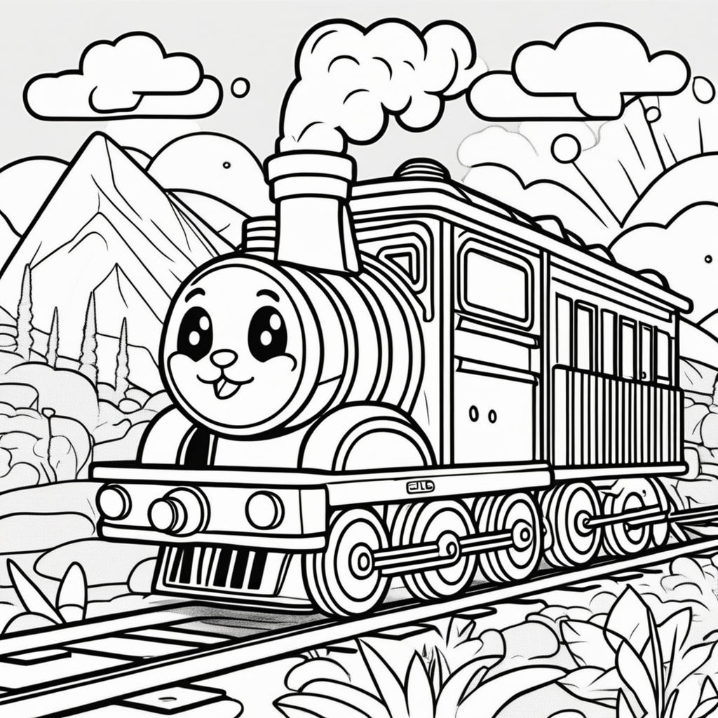 Coloring page of a train in a landscape of mountains and trees