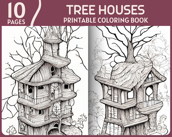 Tree houses coloring pages realistic tree nature fantasy life wooden house printable coloring book wood home scene coloring page