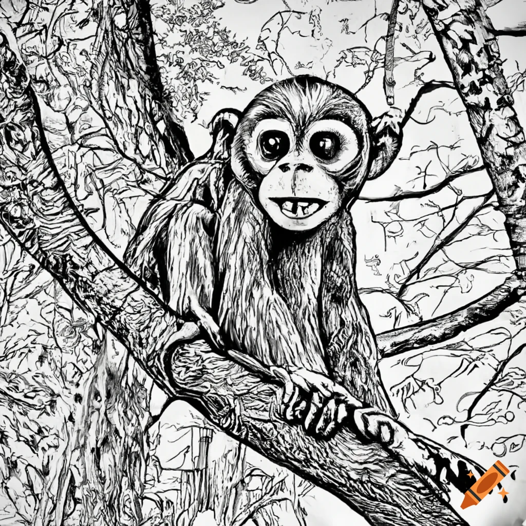 Coloring page monkey in a tree medium resolution on