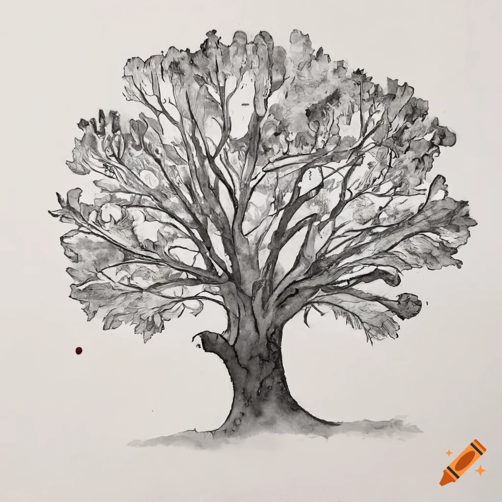 Draw me a black and white coloring page representing an oak without leaves the oak will be inscribed in a circle you have to see the whole circle the image will be