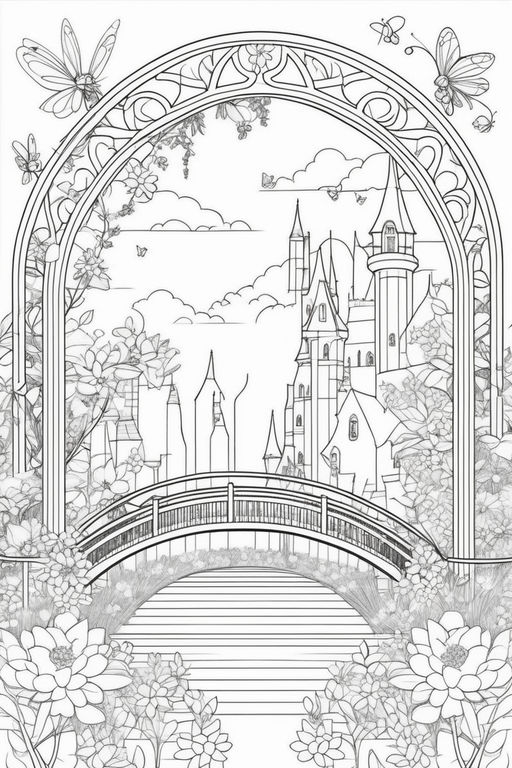 Coloring page of a fantasy giant redwood forest with many small tree houses connected with bridges